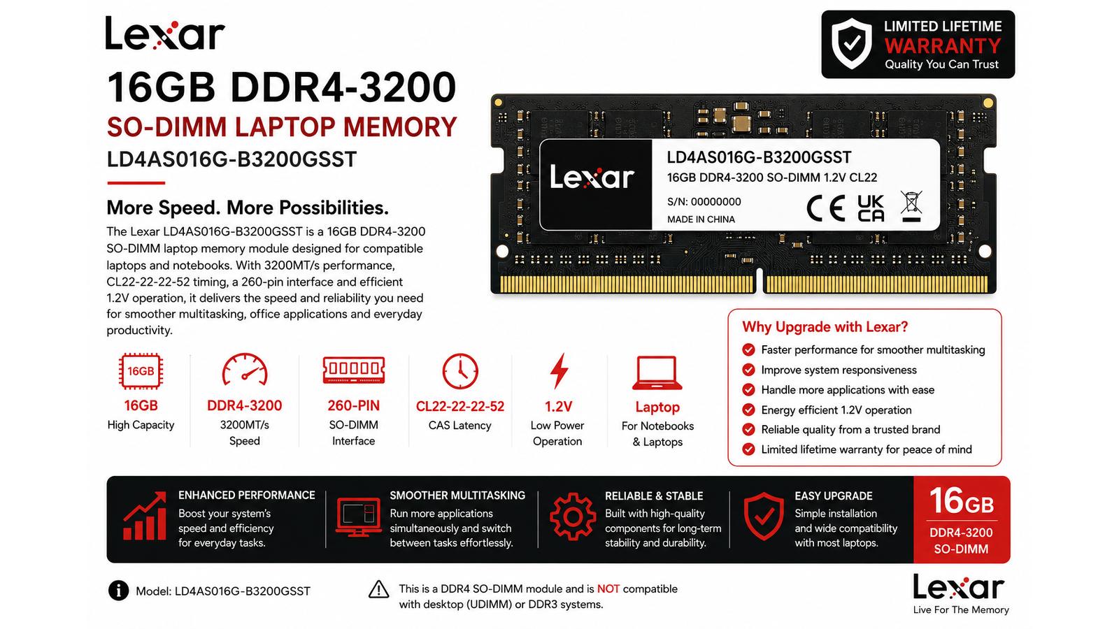 Lexar LD4AS016G-B3200GSST, 16GB DDR4-3200 Laptop RAM, 3200MT/s, CL22, 260-Pin SO-DIMM, 1.2V,Warranty | LD4AS016G-B3200GSST